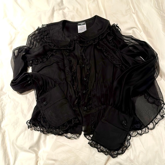 CHANEL Tops - Beautiful Victorian style sheer black CHANEL blouse.